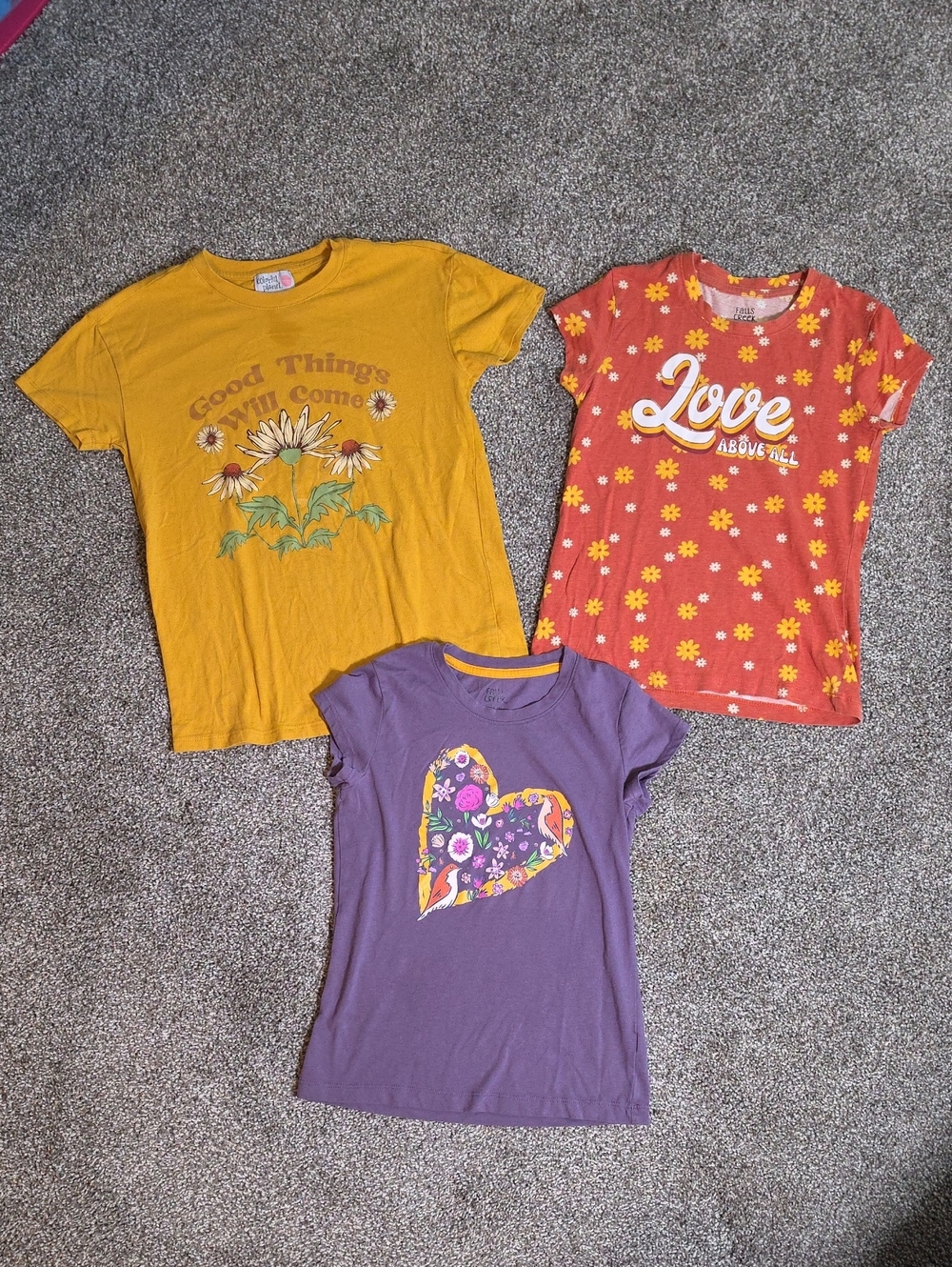 Falls Creek Girls Yellow, Orange, Purple Graphic Tee Trio